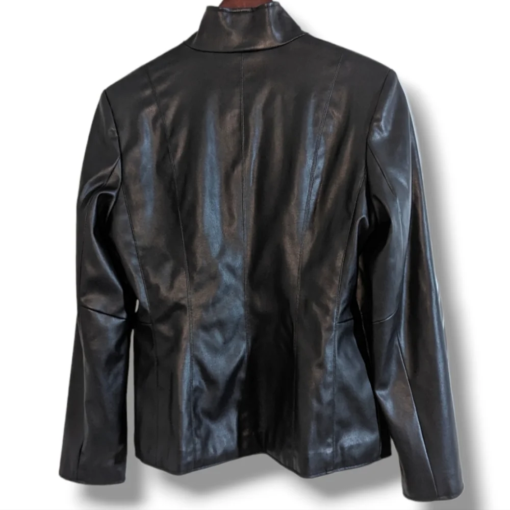 Cole Haan | Black Vegan Leather Gold Zipper Timeless Jacket Women's Size M - Picture 4 of 6